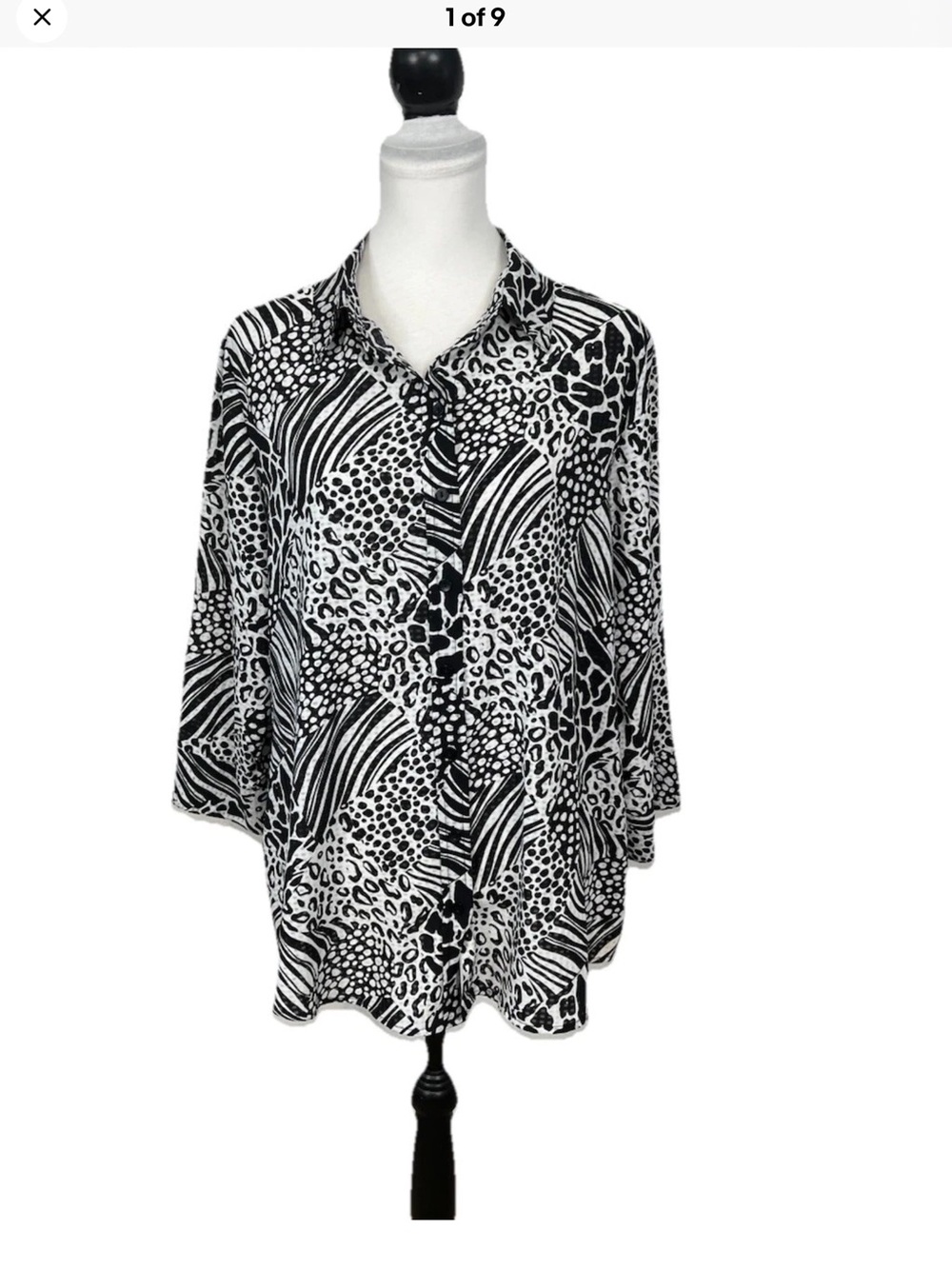 Alia Woman Blouse Plus Size 16W Black & White Button Animal Print 3/4 Sleeves